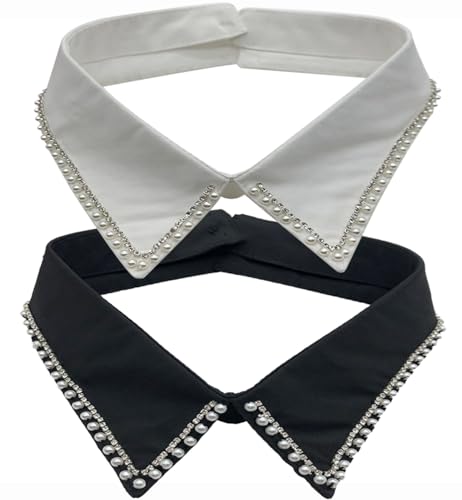 Rayson 2 Stück Fake Collar Detachable Krageneinsatz Damen Set Blusenkragen Einsatz Damen Accessoires Für Pullover und Röcke(Spitzkragen mit Perlen Schwarzer&weißer, Einheitsgröße) von Rayson