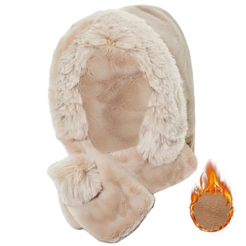 Rayson 2 in 1 Damen Wintermütze Kapuze Kapuzenschal Beanie Ohrschal Winddicht Kälteschutz Mütze Warme Winter Kapuzenschal Neckwarmer Set Schal mit Bommel Ski Ohrenklappe von Rayson
