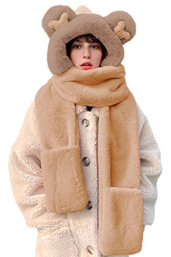 Rayson 3 In 1 Winter Womens Mütze Schal Damen niedlichen Bär Kapuzenschal Hut Mit Pelzigen Handschuhe Warme Mädchen Hut Handschuhe Schal Set Winterschal Ohrenschutz für Outdoor von Rayson