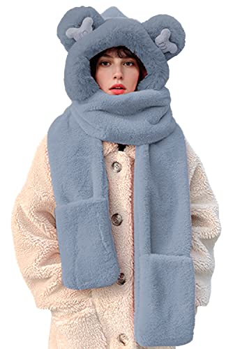 Rayson 3 In 1 Winter Womens Mütze Schal Damen niedlichen Bär Kapuzenschal Hut Mit Pelzigen Handschuhe Warme Mädchen Hut Handschuhe Schal Set Winterschal Ohrenschutz für Outdoor von Rayson