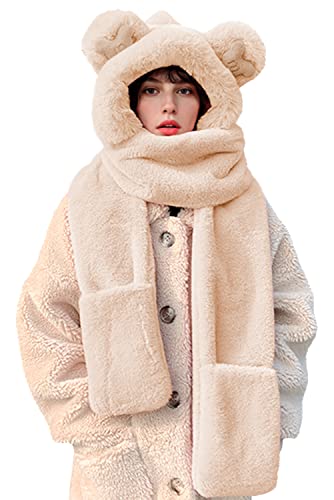 Rayson 3 In 1 Winter Womens Mütze Schal Damen niedlichen Bär Kapuzenschal Hut Mit Pelzigen Handschuhe Warme Mädchen Hut Handschuhe Schal Set Winterschal Ohrenschutz für Outdoor von Rayson