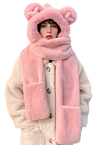 Rayson 3 In 1 Winter Womens Mütze Schal Damen niedlichen Bär Kapuzenschal Hut Mit Pelzigen Handschuhe Warme Mädchen Hut Handschuhe Schal Set Winterschal Ohrenschutz für Outdoor von Rayson