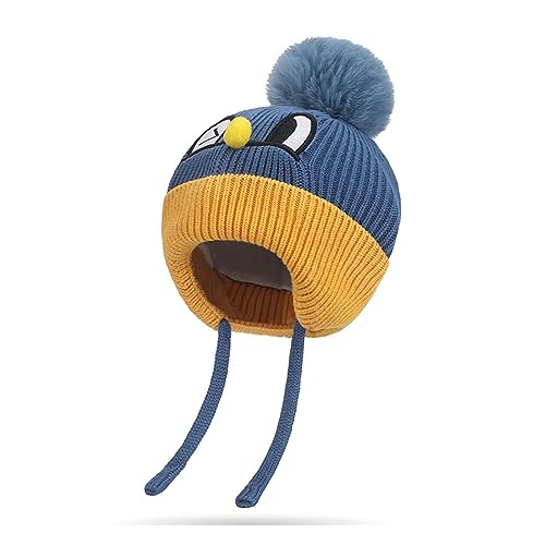 Rayson Baby Mütze Beanie Strickmütze Beanie Baby Jungen Mädchen Herbst Wintermütze Süßer Hut mit Earflap und Bindebändern Pelz Hairball Beanie-Hut Pom Pom Warm Hat für Jungen Mädchen,Marineblau von Rayson