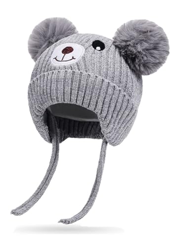 Rayson Baby Mütze Beanie Strickmütze Beanie Baby Jungen Mädchen Herbst Wintermütze Süßer Hut mit Earflap und Bindebändern Pelz Hairball Beanie-Hut Pom Pom Warm Hat für Jungen Mädchen,Grau von Rayson