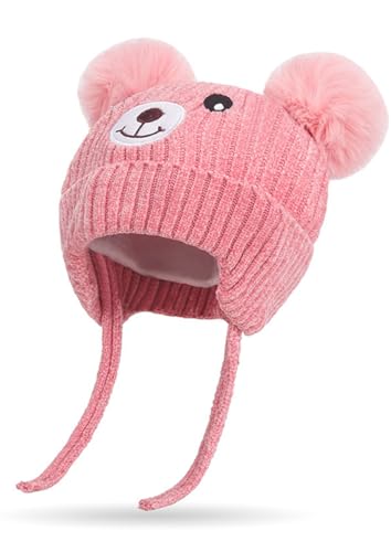 Rayson Baby Mütze Beanie Strickmütze für Jungen Mädchen - Herbst Wintermütze Süßer Hut Mit Earflap und Bindebändern, Pelz Hairball Pom Pom Warm Hat, Rosa von Rayson
