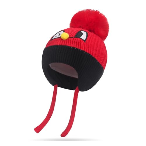 Rayson Baby Mütze Beanie Strickmütze Beanie Baby Jungen Mädchen Herbst Wintermütze Süßer Hut mit Earflap und Bindebändern Pelz Hairball Beanie-Hut Pom Pom Warm Hat für Jungen Mädchen,Rot von Rayson