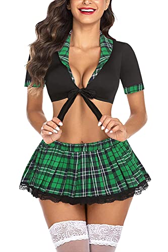 Rayson Babydoll Damen Sexy Studentin Kostüm Körper Damen Sexy Outfits Pyjamas Mit Strümpfen Heiße Kostüme In Spitze Cosplay Plaid Damen Minirock Petticoat Set(Schwarz mit grünem Plaid,Einheitsgröße) von Rayson