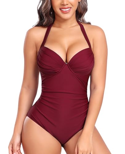 Rayson Badeanzug Damen Swimsuit Schlankheits Bademode Push Up V Ausschnitt BH-Falte One Piece Monokini Nackenschnürung(Rot,XL) von Rayson
