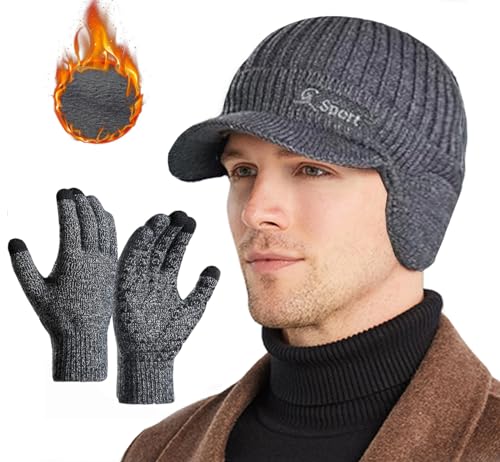 Rayson Wintermütze Herren Beanie Hut Handschuhe Set Warm Wintermütze mit Ohrenklappen Stricken Ohrenklappe Hut Winter Mütze Herren Touchscreen Fahrhandschuhe,Dunkelgrau von Rayson