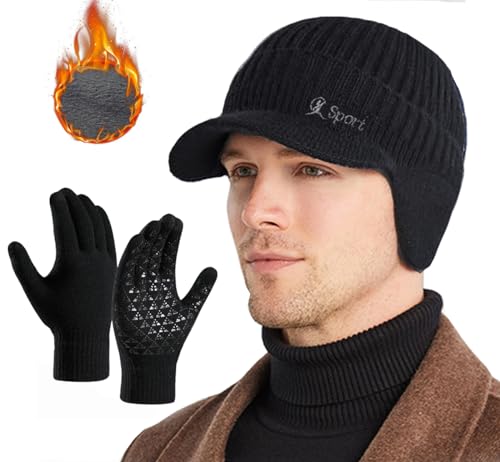 Rayson Wintermütze Herren Beanie Hut Handschuhe Set Warm Wintermütze mit Ohrenklappen Stricken Ohrenklappe Hut Winter Mütze Herren Touchscreen Fahrhandschuhe,Schwarz von Rayson