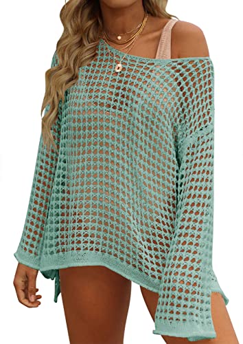 Rayson Damen Bikini Cover Up Beachwear Gestrickte Crochet Bikini Beach Cover Up Rundhals Cutout Langarm Tunika Häkelstrick Hollow Out Strandponcho von Rayson