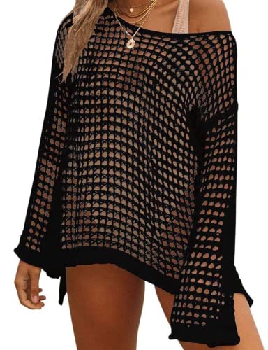 Rayson Damen Bikini Cover Up Beachwear Gestrickte Crochet Bikini Beach Cover Up Rundhals Cutout Langarm Tunika Häkelstrick Hollow Out Strandponcho von Rayson