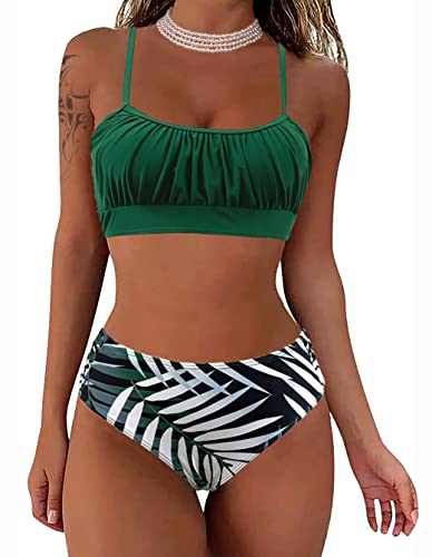 Rayson Damen Bikini Set Bandeau Geraffter Bikini Plissee Bikinioberteil Rückenfrei Verstellbarer Zweiteiliger Badeanzug für Frauen Mid Taille Bikinihose Bademode(Grün/Blatt,L) von Rayson