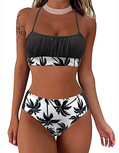 Rayson Damen Bikini Set Bandeau Geraffter Bikini Plissee Bikinioberteil Rückenfrei Verstellbarer Zweiteiliger Badeanzug für Frauen Mid Taille Bikinihose Bademode(Schwarz/Blatt,L) von Rayson