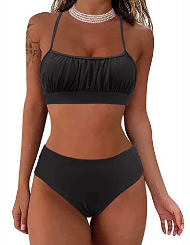 Rayson Damen Bikini Set Bandeau Geraffter Bikini Plissee Bikinioberteil Rückenfrei Verstellbarer Zweiteiliger Badeanzug für Frauen Mid Taille Bikinihose Bademode(Schwarz,M) von Rayson