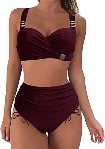 Rayson Damen Bikini Set Bandeau Push Up Zweiteilige Badeanzug High Waist Triangel Verstellbarer Bikinihose Bademode Kordelzug Side Bikini Sets(Burgunder,L) von Rayson