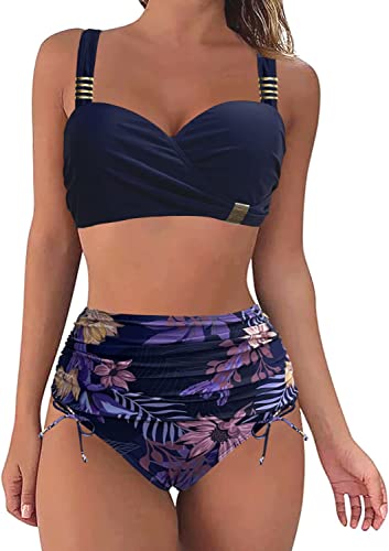 Rayson Damen Bikini Set Bandeau Push Up Zweiteilige Badeanzug High Waist Triangel Verstellbarer Bikinihose Bademode Kordelzug Side Bikini Sets(Marineblau/Blume,M) von Rayson