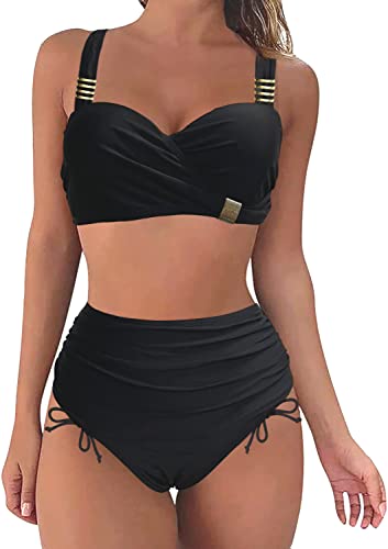 Rayson Damen Bikini Set Bandeau Push Up Zweiteilige Badeanzug High Waist Triangel Verstellbarer Bikinihose Bademode Kordelzug Side Bikini Sets(Schwarz,L) von Rayson