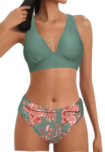 Rayson Damen Bikini Set V Ausschnitt Bralette Bikini Bademode Kordelzug Side Bikini Sets Mid Waist Blumenmuster Zweiteiliger Badeanzug Swimsuit(Grüne Blumen,L) von Rayson