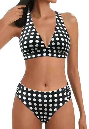 Rayson Damen Bikini Set V Ausschnitt Bralette Bikini Bademode Kordelzug Side Bikini Sets Mid Waist Blumenmuster Zweiteiliger Badeanzug Swimsuit(Polka Dot,L) von Rayson