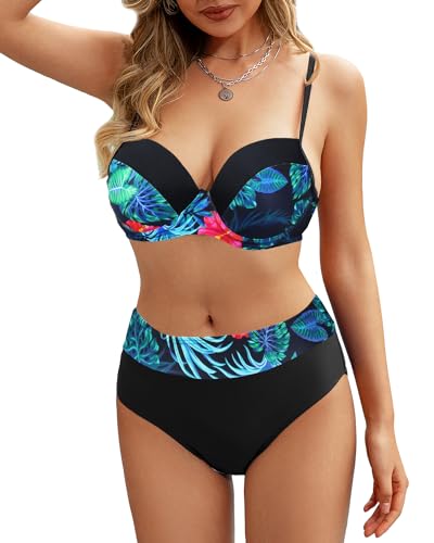 Rayson Damen Bikini Zweiteiliger Badeanzug Elegant Swimsuit Träger Blumenmuster Bügel Push Up Bikini Set Badebekleidung(Grünes Blatt, L) von Rayson