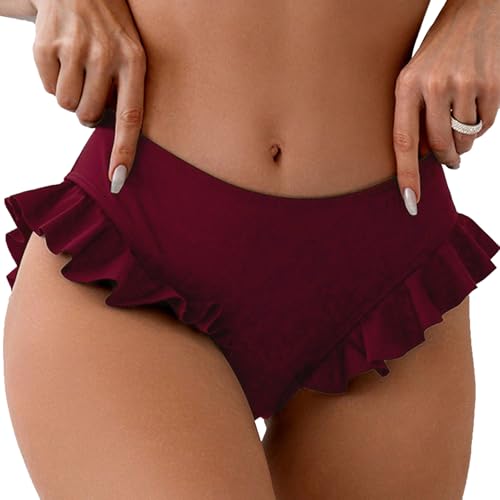 Rayson Damen Bikinihose Curvy Einfach Klassisch Bikini Slip mit Rüschen Sommer Reine Farbe Bikini Unterteil Damen(Burgunderrot,S) von Rayson