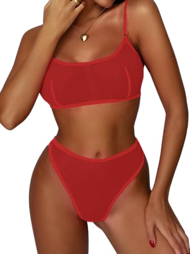 Rayson Damen Dessous Set 2 Teilig Mesh Unterwäsche Atmungsaktive Lingerie Mit Verstellbarem Schultergurt(Rot,Einheitsgröße) von Rayson