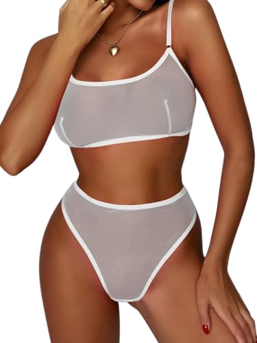 Rayson Damen Dessous Set 2 Teilig Mesh Unterwäsche Atmungsaktive Lingerie Mit Verstellbarem Schultergurt(Weiß,Einheitsgröße) von Rayson