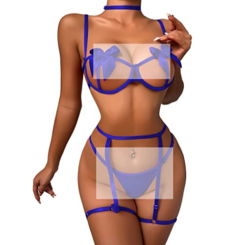 Rayson Damen Dessous Set Fliege Strapse BH und Höschens 4 Stück Unterwäsche Set Babydoll Korsett Schleife(Blau) von Rayson