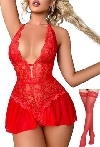 Rayson Damen Dessous Set mit Strümpfe Kleid Spitze V Ausschnitt Babydoll Unterwäsche Schlafanzug Dessous von Rayson
