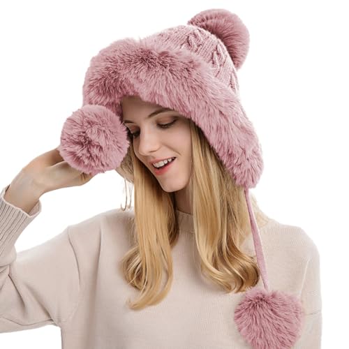 Rayson Damen Mütze Winter Warm Strickmütze mit Pompom Dick Wintermütze mit Gepolstertem Fleece Futter Winddicht Outdoor Ski Fahrrad(Rosa) von Rayson