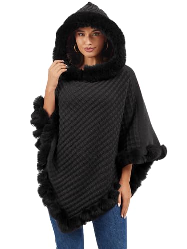 Rayson Damen Poncho Winter Warme Cape mit Kapuze Eleganz Kunstpelz Pullover Strickponcho(Schwarz) von Rayson