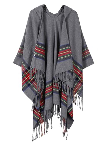 Rayson Damen Poncho mit Kapuze Winter Warm Schal Verdickt Lässige Open Front Cape mit Fransensaum(Grau,Einheitsgröße) von Rayson
