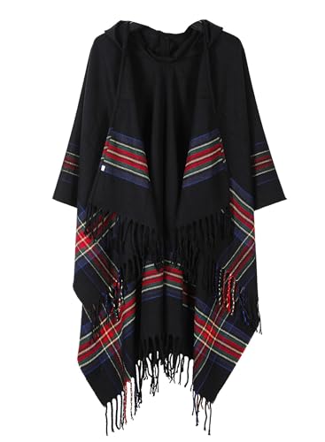 Rayson Damen Poncho mit Kapuze Winter Warm Schal Verdickt Lässige Open Front Cape mit Fransensaum(Schwarz,Einheitsgröße) von Rayson