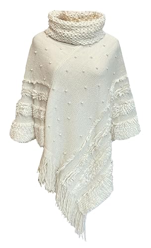 Rayson Damen Poncho mit Quaste für Damen Winter Rollkragen Elegant Strick Cape mit Perlen Applikation Warm Pullover Herbst Winter(Beige) von Rayson