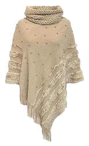 Rayson Damen Poncho mit Quaste für Damen Winter Rollkragen Elegant Strick Cape mit Perlen Applikation Warm Pullover Herbst Winter(Khaki) von Rayson