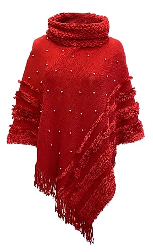 Rayson Damen Poncho mit Quaste für Damen Winter Rollkragen Elegant Strick Cape mit Perlen Applikation Warm Pullover Herbst Winter(Rot) von Rayson