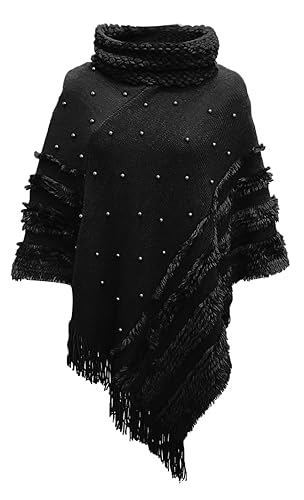 Rayson Damen Poncho mit Quaste für Damen Winter Rollkragen Elegant Strick Cape mit Perlen Applikation Warm Pullover Herbst Winter(Schwarz) von Rayson