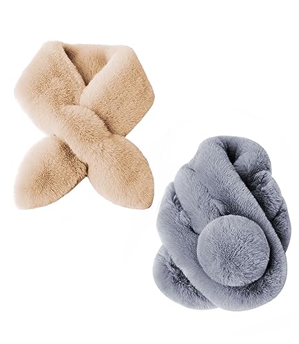Rayson Schal Damen Halstücher mit Bommel aus Kunstpelz Schal Damen WinterWeich Warm Flauschig Faux Fellkragen Schal Weihnachts Schal Damenschal Loop Schals,Dunkelgrau+Khaki von Rayson
