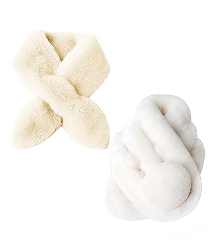 Rayson Schal Damen Halstücher mit Bommel aus Kunstpelz Schal Damen WinterWeich Warm Flauschig Faux Fellkragen Schal Weihnachts Schal Damenschal Loop Schals,Weiß+Beige von Rayson