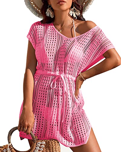 Rayson Damen Strandkleid mit V-Ausschnitt Gestrickte Bikini Cover Up Badeanzug Strandkleid Sommer Strandurlaub Strandponcho(Rosa) von Rayson