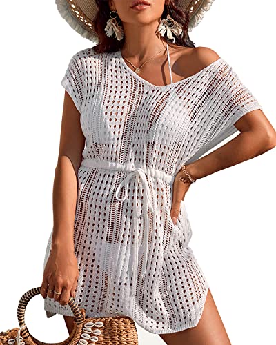 Rayson Damen Strandkleid mit V-Ausschnitt Gestrickte Bikini Cover Up Badeanzug Strandkleid Sommer Strandurlaub Strandponcho(Weiß) von Rayson