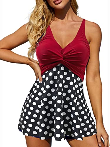 Rayson Damen Tankini Zweiteilige Bademode mit V Ausschnitt Push up Badeanzug Blumen Strand Mode Badeanzüge Drucken Badekleider Bauchweg(Rot-Schwarz und Gepunktet,M) von Rayson