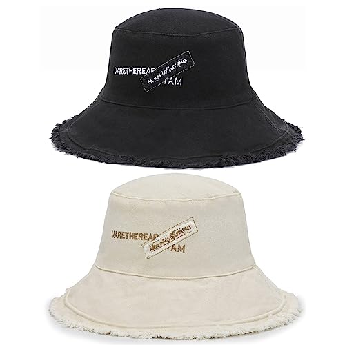 Rayson Fischerhut Bucket Hat Unisex Washed Cotton Foldable Sommerhut Damen Herren Embroidered Sommer Hut Sun Protection(Schwarz+Beige, One Size) von Rayson