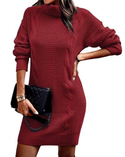 Rayson Freizeitkleider für Damen Strickkleid Damen Winter Langarm Komfort Fit Rollkragen Kleid Knit Bodycon Dress Figurbetontes Herbstkleid（Rot,S von Rayson