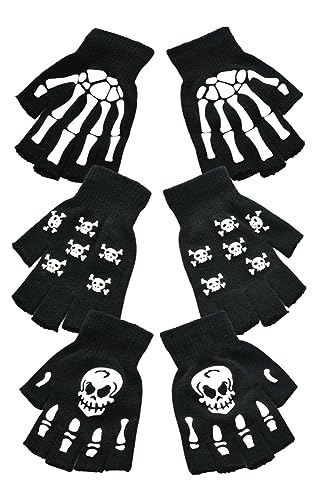 Rayson Halloween Kostüme Dekorative Handschuhe Skelett Handschuhe Schwarz Unisex Halbfinger Handschuhe Leuchtende Grinch Handschuhe Winter Fäustlinge Cosplay Skelett Halbfinger von Rayson