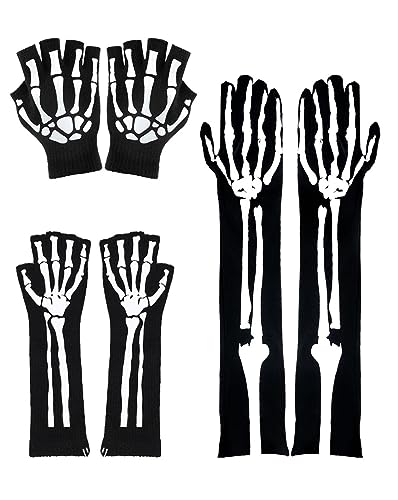 Rayson Halloween Kostüme Dekorative Handschuhe Skelett Handschuhe Schwarz Unisex Halbfinger Handschuhe Leuchtende Grinch Handschuhe Winter Fäustlinge Cosplay Skelett Halbfinger von Rayson