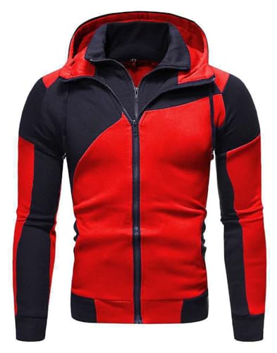 Rayson Herren Hoodie Winter Warme Verdickt Langarm Patchwork Kapuzenjacke mit Doppelreißverschluss Hooded Track Top(Rot,XXL) von Rayson