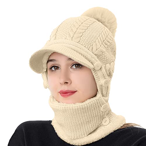 Rayson Kapuzenschal Damen Wintermütze mit Schirm Fleece Gefüttert Strickmützen 3 In 1 Verstellbarer Gesichtsschutz Balaclava für Damen(Beige, Einheitsgröße) von Rayson