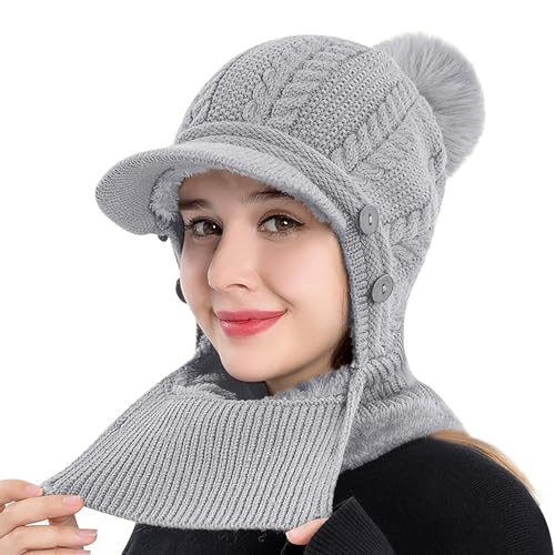 Rayson Kapuzenschal Damen Wintermütze mit Schirm Fleece Gefüttert Strickmützen 3 In 1 Verstellbarer Gesichtsschutz Balaclava für Damen(Grau, Einheitsgröße) von Rayson